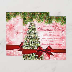 Christmas Party   Xmas Tree, Ribbon & Sparkles Red Invitation
