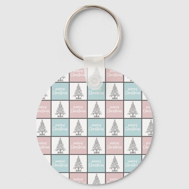 Christmas Pastel Blue and Pink Modern Pattern Key Ring (Front)