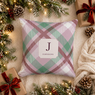 Christmas Pastel Plaid Monogram Cushion