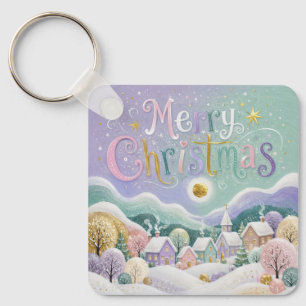 Christmas Pastel Winter Village Snow Houses Key Ring