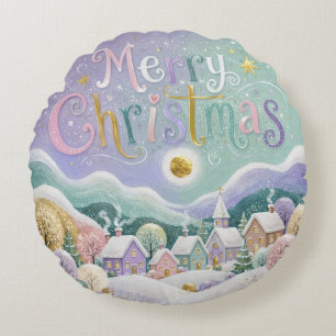 Christmas Pastel Winter Village Snow Houses Round Cushion