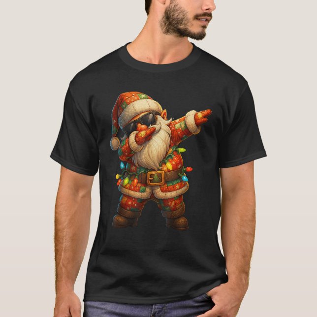 Christmas Patchwork Dabbing Santa Claus Xmas Light T-Shirt (Front)