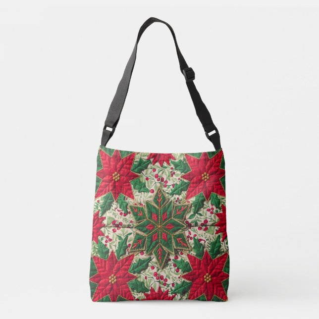 Christmas Patchwork  Green & Red Floral Snowflake  Crossbody Bag (Back)