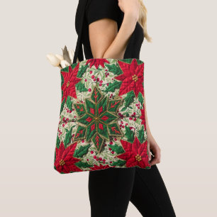 Christmas Patchwork  Green & Red Floral Snowflake  Tote Bag