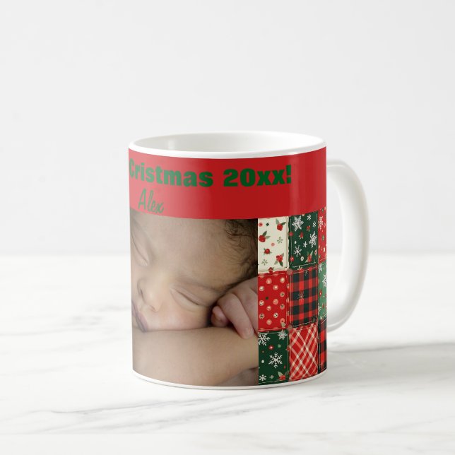 Christmas patchwork green red photo coffee mug (Front Right)