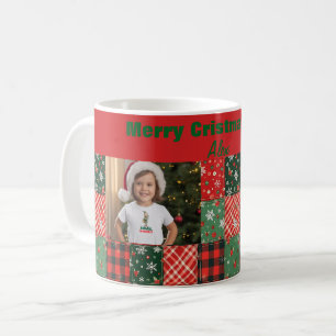 Christmas patchwork green red two photo coffee mug