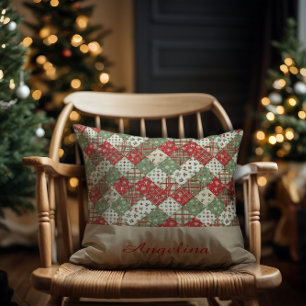  Christmas patchwork name Green Red beige Cushion