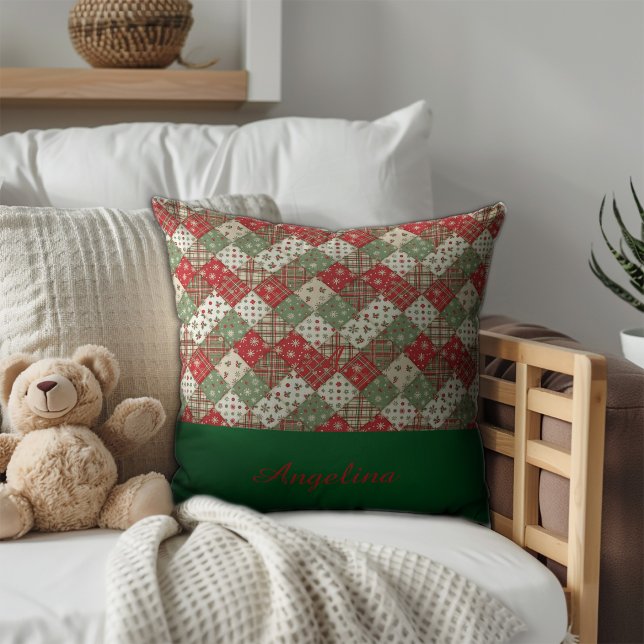  Christmas patchwork name Green Red  Cushion (Creator Uploaded)