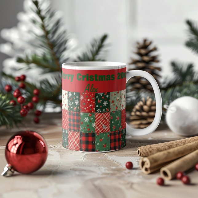 Christmas patchwork pattern green red coffee mug (Creator Uploaded)