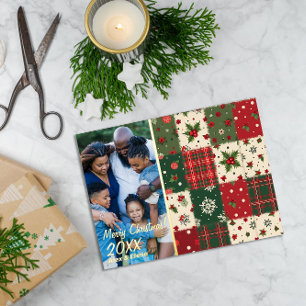 Christmas patchwork pattern photo foil holiday postcard