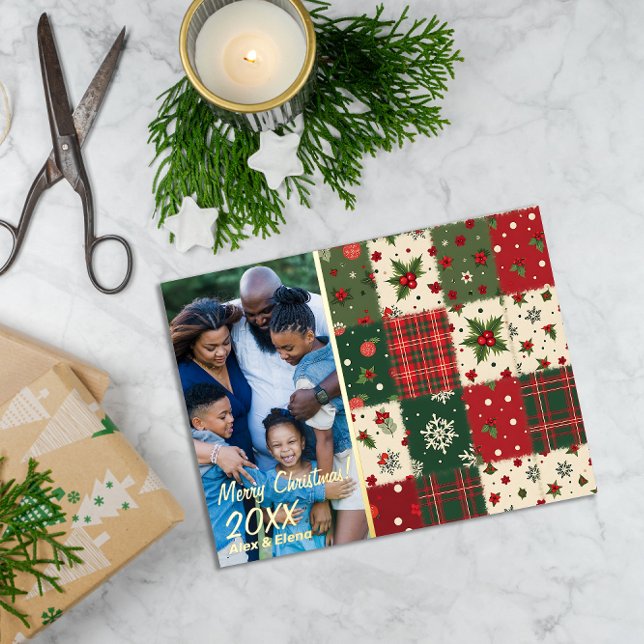Christmas patchwork pattern photo foil holiday postcard (Creator Uploaded)