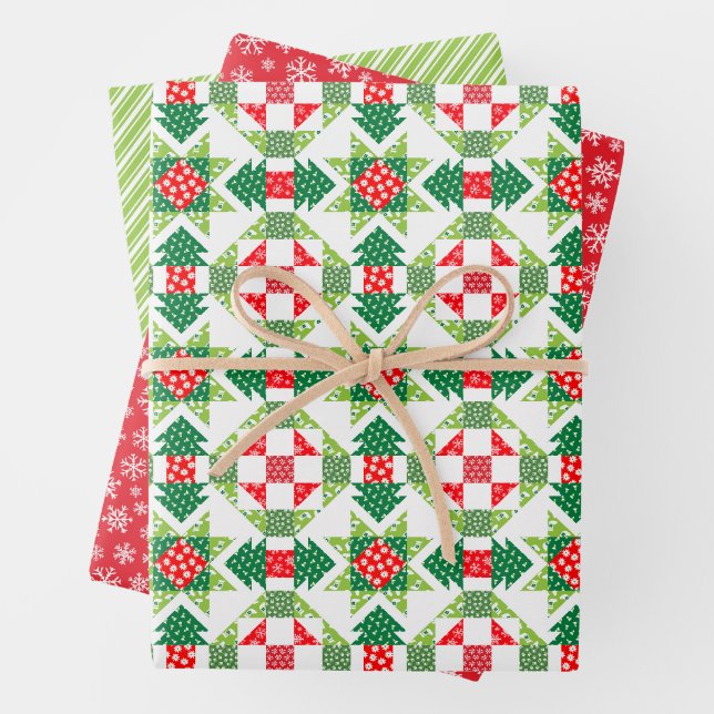 Christmas patchwork quilt wrapping paper set (In situ)