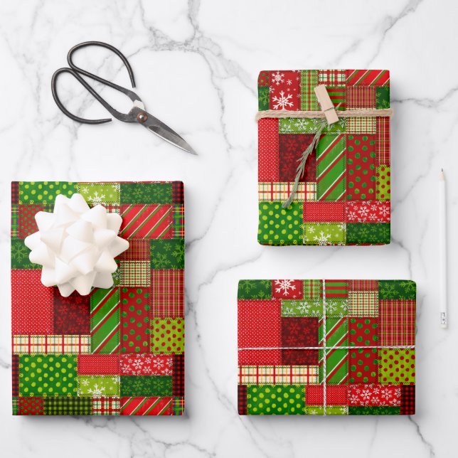 Christmas Patchwork Quilt Wrapping Paper Sheets  (Front)