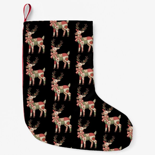 Christmas Patchwork Reindeer Embroidery Animal  Small Christmas Stocking (Front)