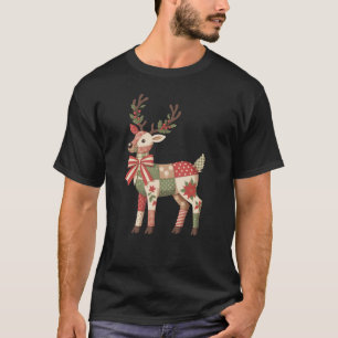 Christmas Patchwork Reindeer Embroidery Animal  T-Shirt