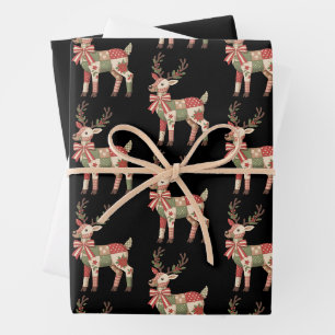 Christmas Patchwork Reindeer Embroidery Animal Wrapping Paper Sheet