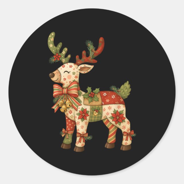 Christmas Patchwork Reindeer Xmas Family Men Women Classic Round Sticker (Front)