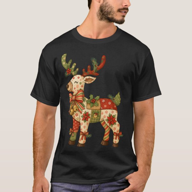 Christmas Patchwork Reindeer Xmas Family Men Women T-Shirt (Front)