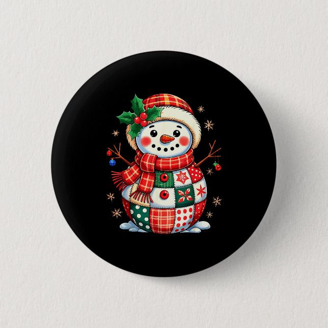 Christmas Patchwork Snowman - Quilted Holiday Aest 6 Cm Round Badge (Front)