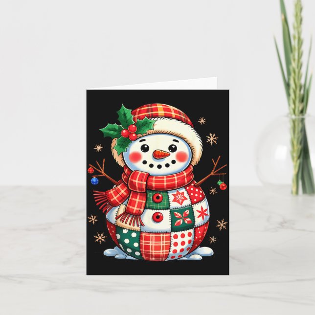 Christmas Patchwork Snowman - Quilted Holiday Aest Card (Front)