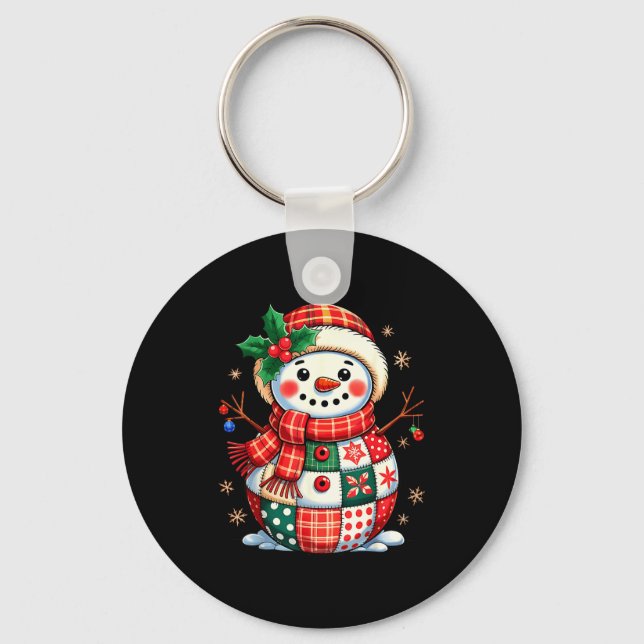 Christmas Patchwork Snowman - Quilted Holiday Aest Key Ring (Front)