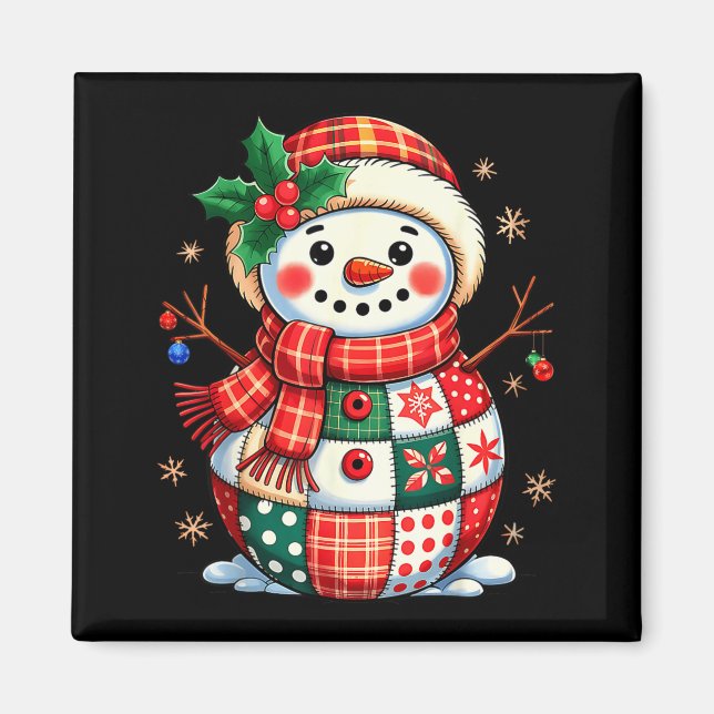Christmas Patchwork Snowman - Quilted Holiday Aest Magnet (Front)