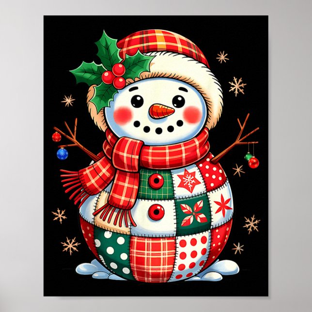 Christmas Patchwork Snowman - Quilted Holiday Aest Poster (Front)