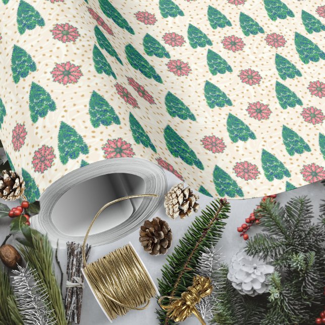 Christmas Patchwork Trees and Poinsettias Wrapping Paper (Christmas Patchwork Trees and Poinsettias Wrapping Paper Rolls by Leapfroglisics Shop)