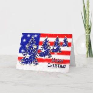 CHRISTMAS - PATRIOTIC - FLAG AND TREES HOLIDAY CARD