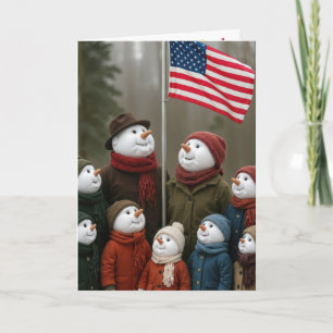 Christmas Patriotic Snow Family With American Flag Card