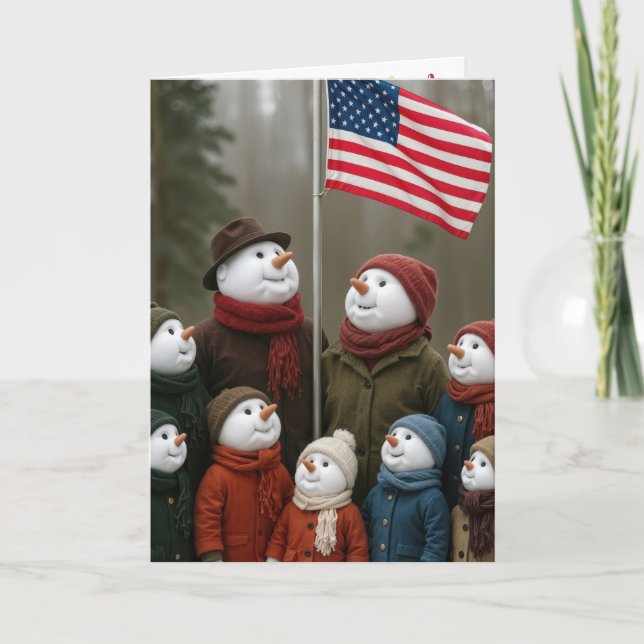 Christmas Patriotic Snow Family With American Flag Card (Front)