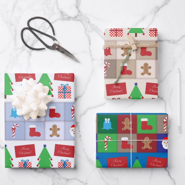 Christmas Pattern Blue Beige and Colourful Wrapping Paper Sheet (Front)
