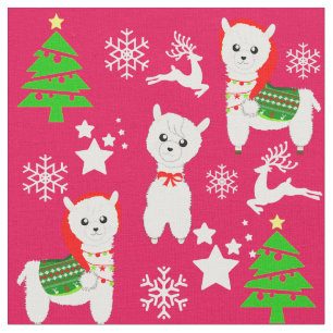 Christmas Pattern Cute Girly Llama Snowflakes Xmas Fabric