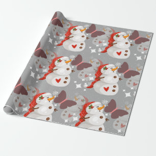 Christmas Pattern Cute Snowman and Butterflies Wrapping Paper