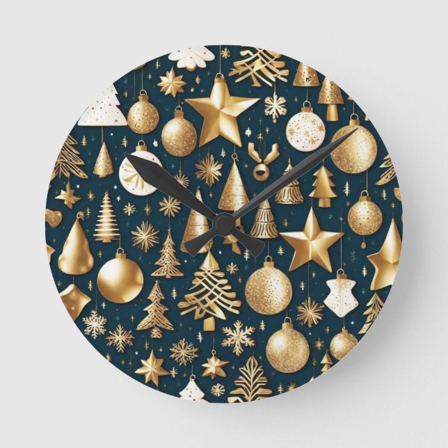 Christmas pattern gold and black ornaments decor round clock (Front)