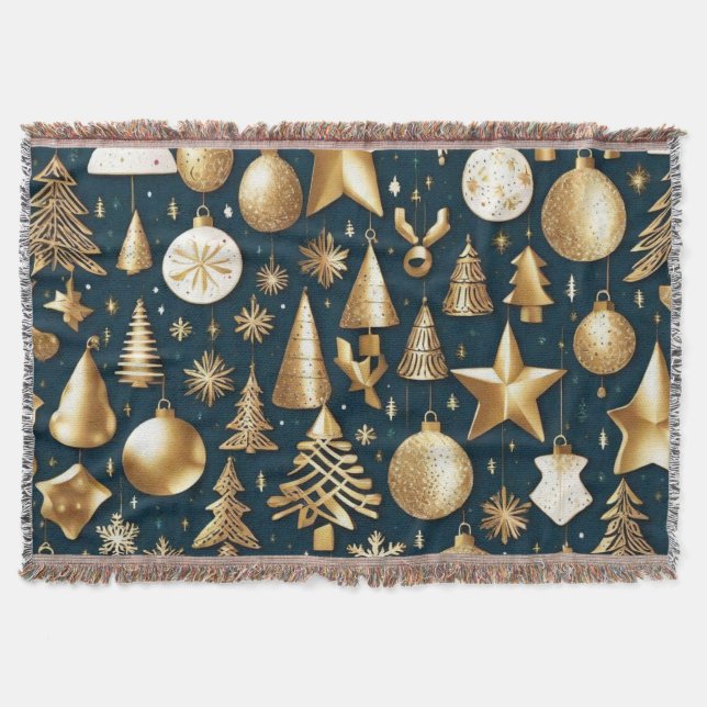 Christmas pattern gold and black ornaments decor throw blanket (Front)