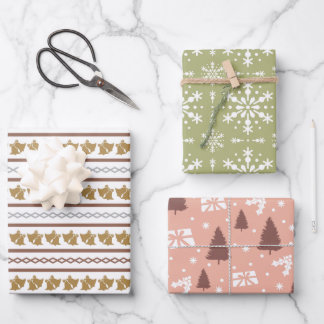 Christmas Pattern Green Pink White Trio  Wrapping Paper Sheet