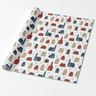 Christmas Pattern. Houses And A Shrub In Winter Wrapping Paper