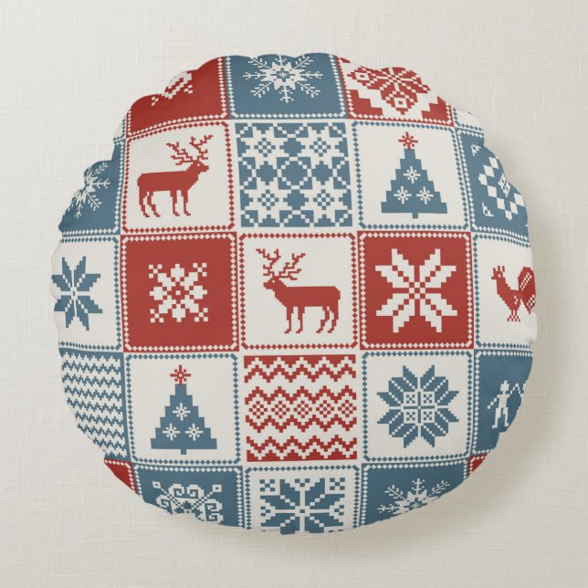 Christmas pattern in patchwork style. Traditional  Round Cushion (Front)