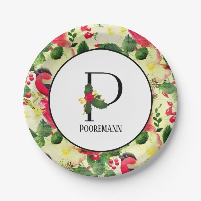 Christmas Pattern Monogram Initial P Personalised Paper Plate (Front)