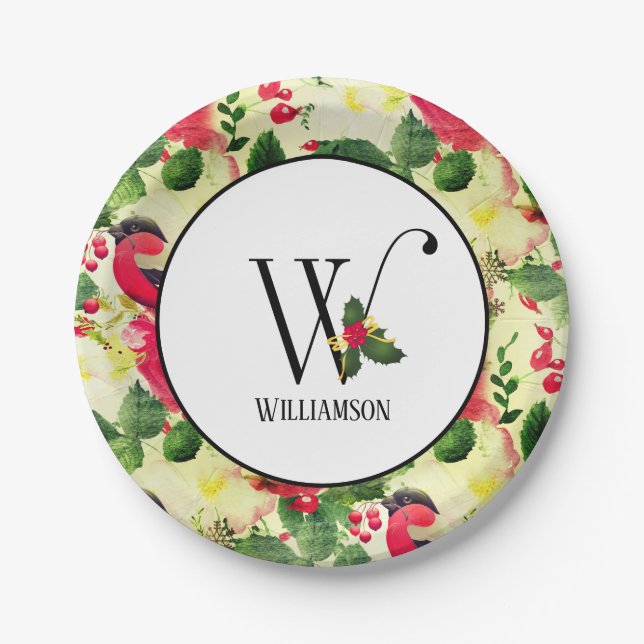 Christmas Pattern Monogram Initial W Personalised Paper Plate (Front)