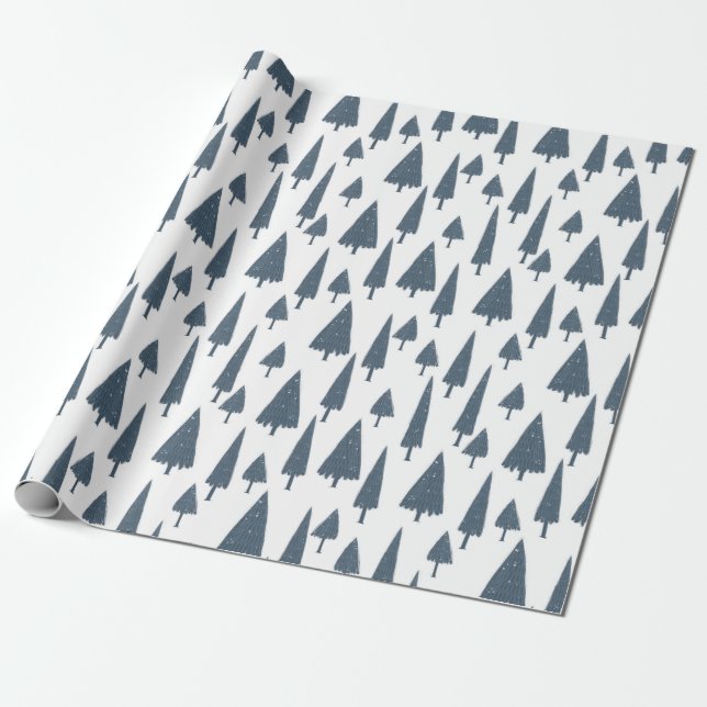 Christmas Pattern Of Blue Spruce Trees On White Wrapping Paper (Unrolled)