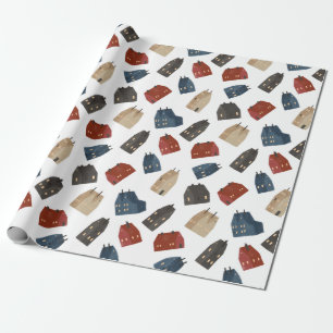 Christmas Pattern Of Colourful Buildings On White Wrapping Paper