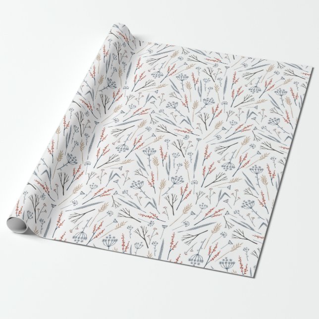 Christmas Pattern Of Colourful Plants In Winter Wrapping Paper (Unrolled)