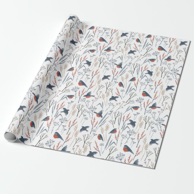 Christmas Pattern Of Red Robin Birds And Plants Wrapping Paper (Unrolled)