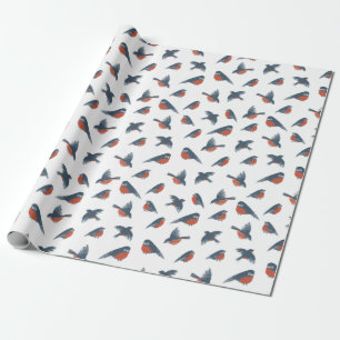 Christmas Pattern Of Red Robin Birds On White Wrapping Paper
