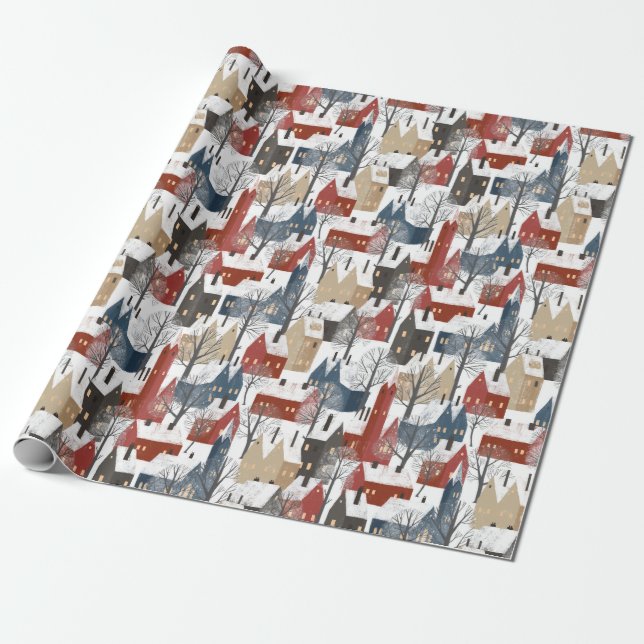 Christmas Pattern Of Town Streets In Winter Wrapping Paper (Unrolled)
