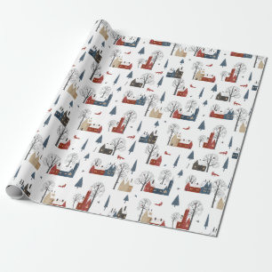 Christmas Pattern Of Village Houses And Red Fox Wrapping Paper