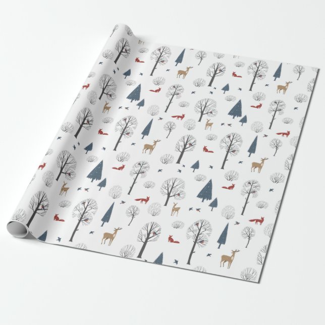 Christmas Pattern Of Winter Forest And Animals Wrapping Paper (Unrolled)