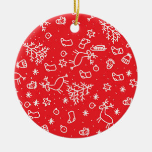 christmas, pattern on red background, doodle ceramic tree decoration